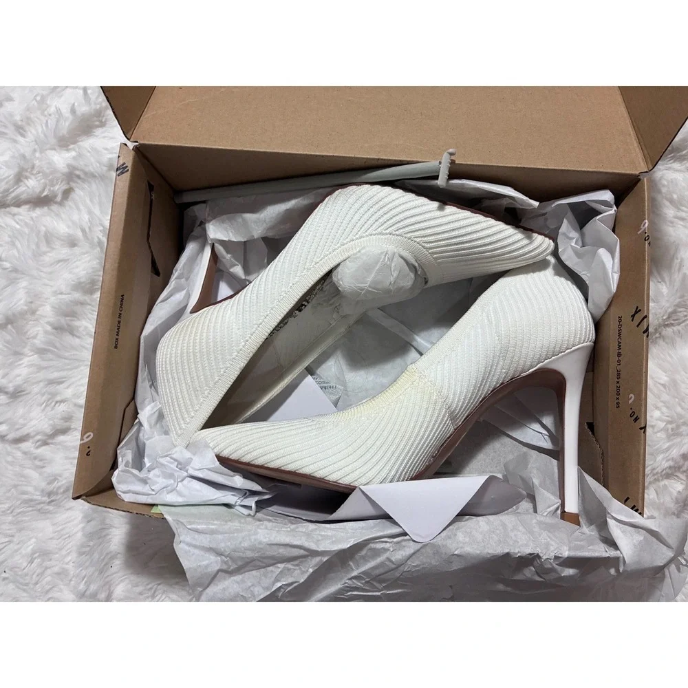 White Ribbed Chic Knit Pointed Toe Stiletto Pumps Womens 9 Boss Lady Vibes